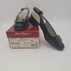 Salvatore Ferragamo Sling Back Shoe‎ Gancici Buckle Black Patent Debby 6.5 Women